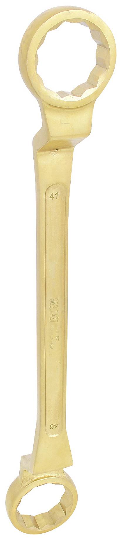 Dwustronny klucz oczkowy z metalu z dwoma sześciokątnymi otworami o różnych rozmiarach, przydatny do odkręcania śrub i nakrętek.