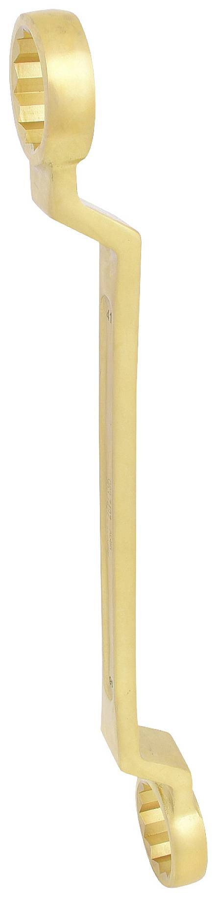 Złoty podwójny klucz pierścieniowy o zakrzywionym kształcie. Idealny do odkręcania lub dokręcania śrub w trudno dostępnych miejscach.