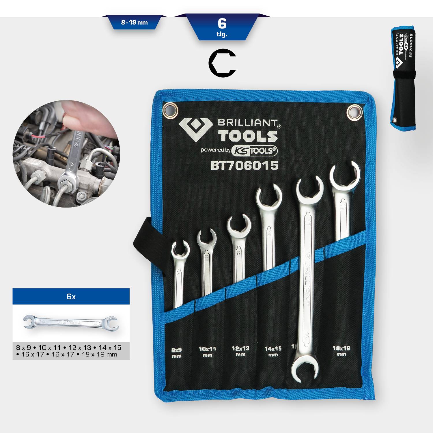 Zestaw sześciu kluczy płaskich w różnych rozmiarach (8-19 mm) zapakowanych w niebiesko-czarną torbę materiałową, oznaczony jako 'BRILLIANT TOOLS'. W prawym górnym rogu widoczny jest śrubokręt.