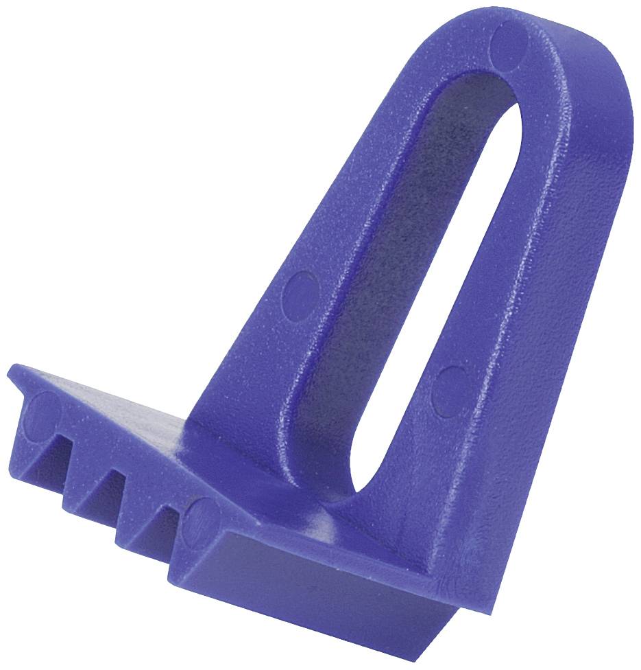 Niebieski plastikowy klin o ząbkowanych krawędziach z dużym, owalnym otworem pośrodku. Używany jako odbój do drzwi lub do stabilizacji.