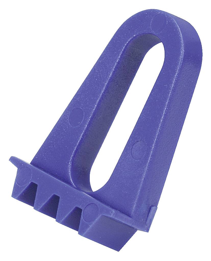 Niebieska plastikowa część o zaokrąglonym, trójkątnym kształcie z owalnym wycięciem pośrodku.