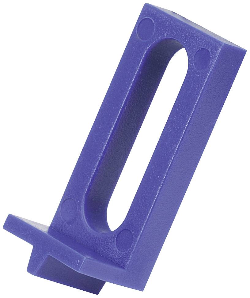 Niebieska prostokątna część z tworzywa sztucznego z podłużnym otworem pośrodku, ustawiona skośnie. Prawdopodobnie element mechaniczny lub uchwyt.