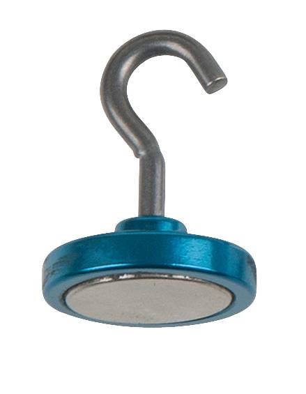 Niebieski magnes z hakiem, przydatny do mocowania przedmiotów na powierzchniach metalowych.