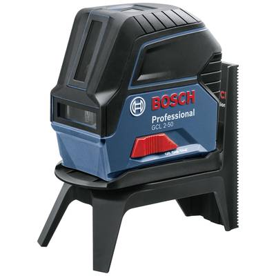 Niebieski laser krzyżowy marki Bosch, model GCL 2-50, ustawiony na statywie.