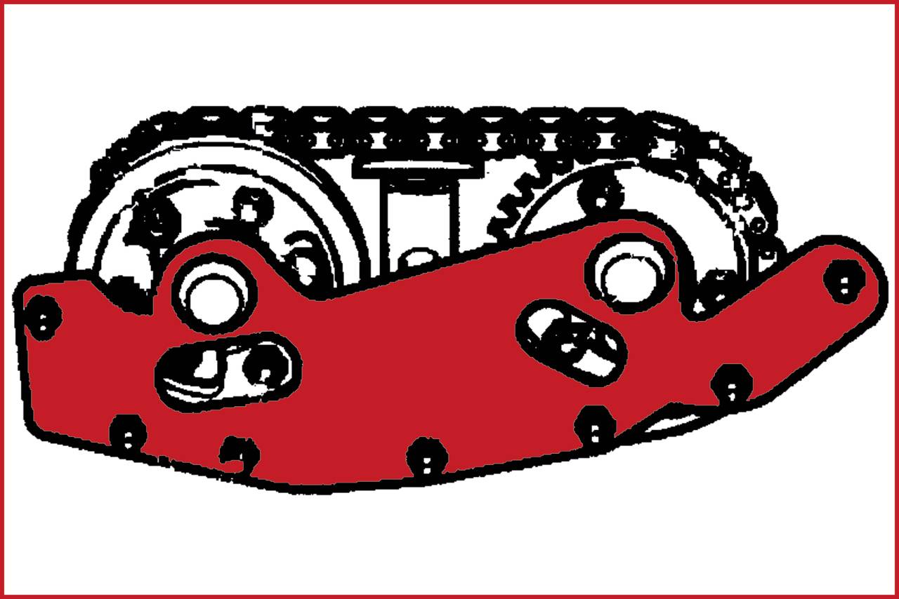 Czerwono-czarny mechaniczny system kół zębatych i łańcuchów, prawdopodobnie część większego urządzenia lub maszyny.