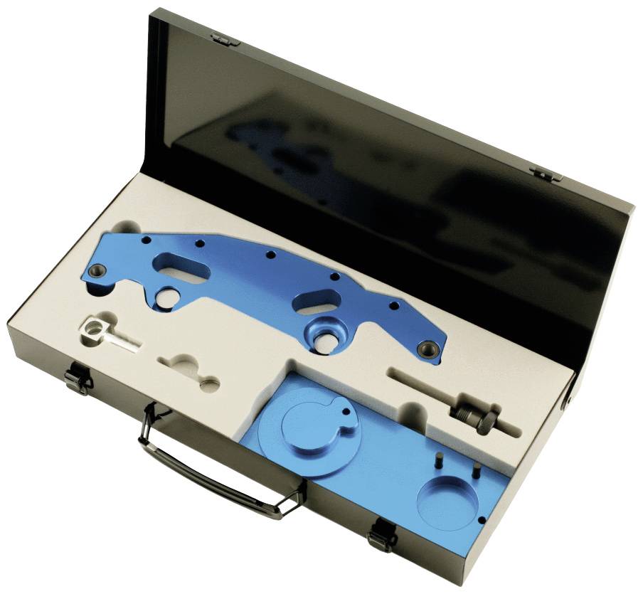 Zestaw narzędzi z niebieskimi elementami specjalnego kształtu do montażu lub naprawy, zorganizowany w beżowej wkładce piankowej.