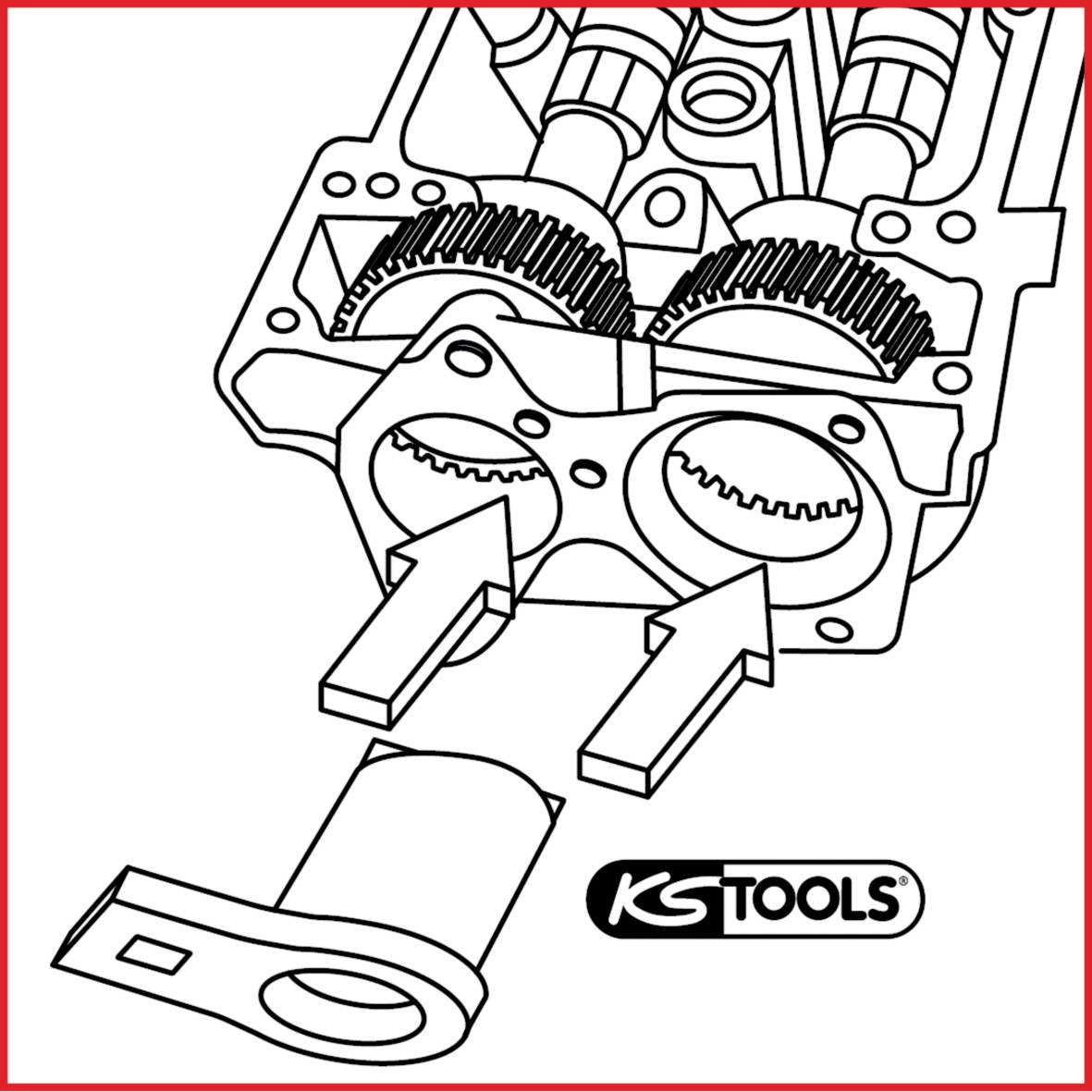 Diagram części silnika firmy 'KS Tools' przedstawia koła zębate i oznaczenia pozycyjne służące do wyrównania podczas montażu.