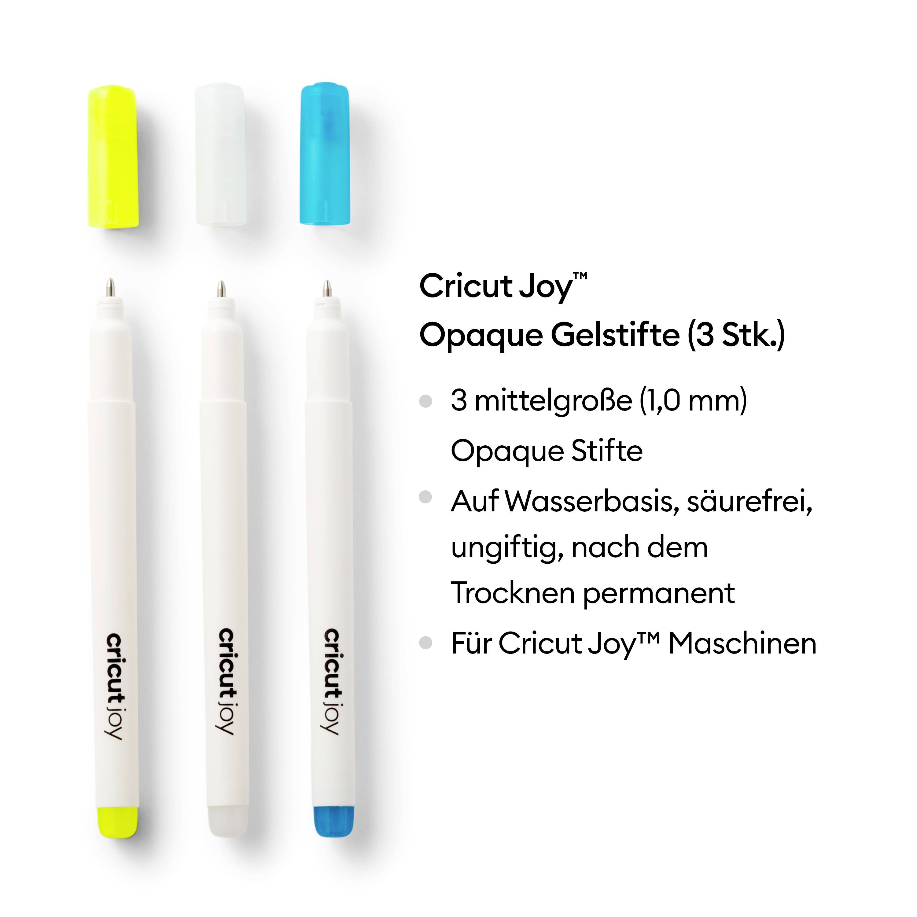 Trzy nieprzeźroczyste żelowe pisaki Cricut Joy™ (3 szt.) w kolorach żółtym, białym i niebieskim, przeznaczone do maszyn Cricut Joy™, na bazie wody i nietoksyczne.