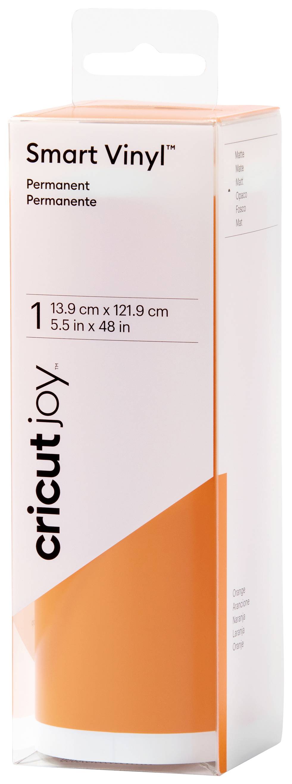 Winylowa naklejka 'Smart Vinyl' od Cricut Joy w przezroczystym opakowaniu. Rozmiar: 13,9 cm x 121,9 cm. Kolor: Pomarańczowy. Trwała i wodoodporna.