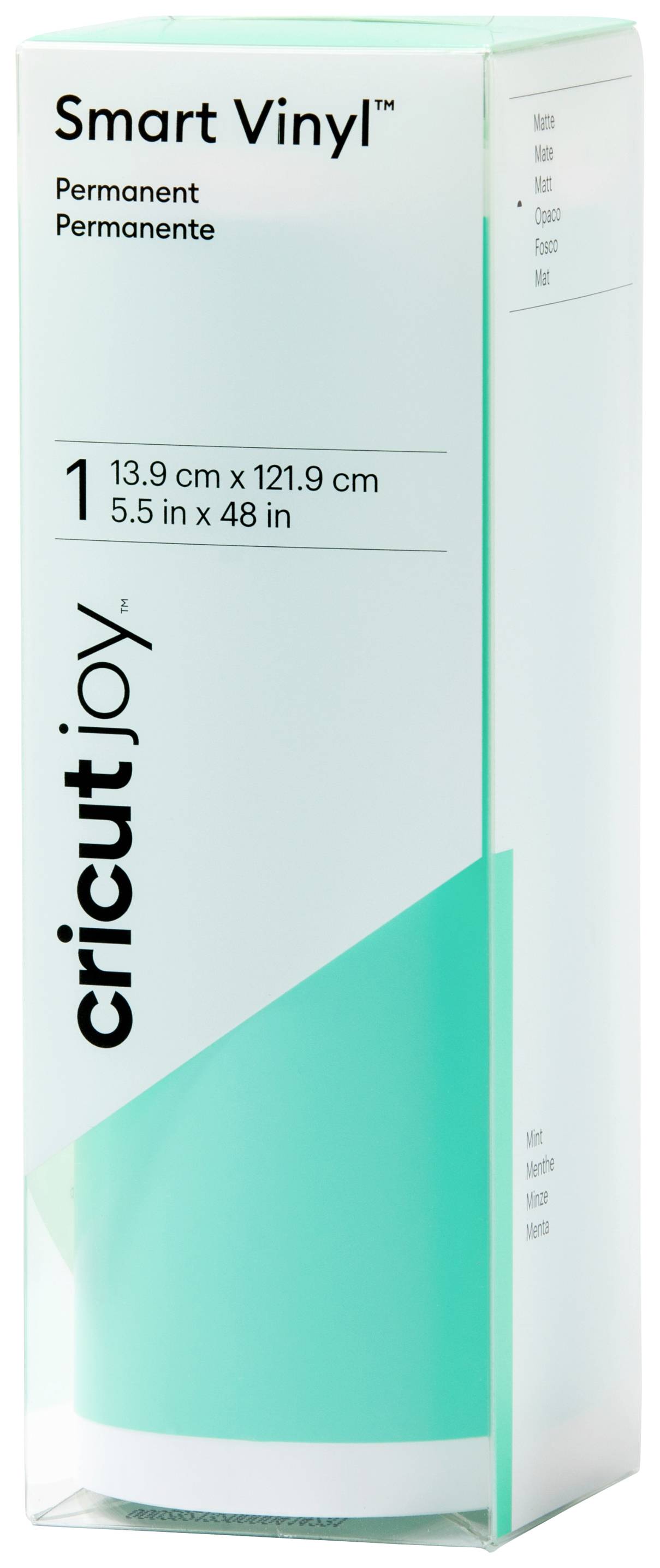 Pudełko z turkusowym winylem Cricut Joy, oznaczone jako „Smart Vinyl Permanent", rozmiar 13,9 cm x 121,9 cm.