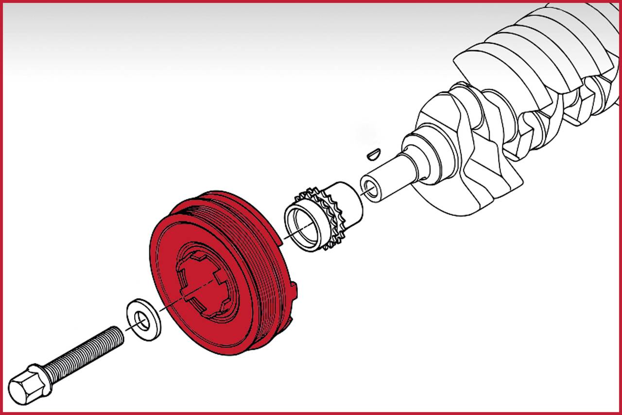Rysunek rozstrzelony silnika z zaznaczonymi na czerwono komponentami; przedstawia wał korbowy, koło pasowe i śruby mocujące.
