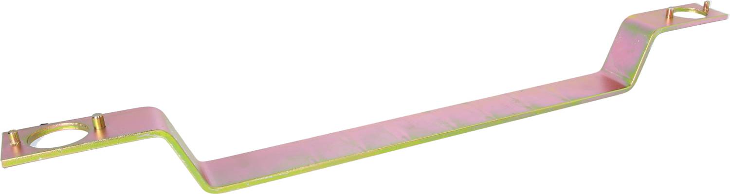 Złoty metalowy uchwyt o lekko wygiętym kształcie, z dwoma okrągłymi otworami na końcach, prawdopodobnie przeznaczony do mocowania lub podtrzymywania.