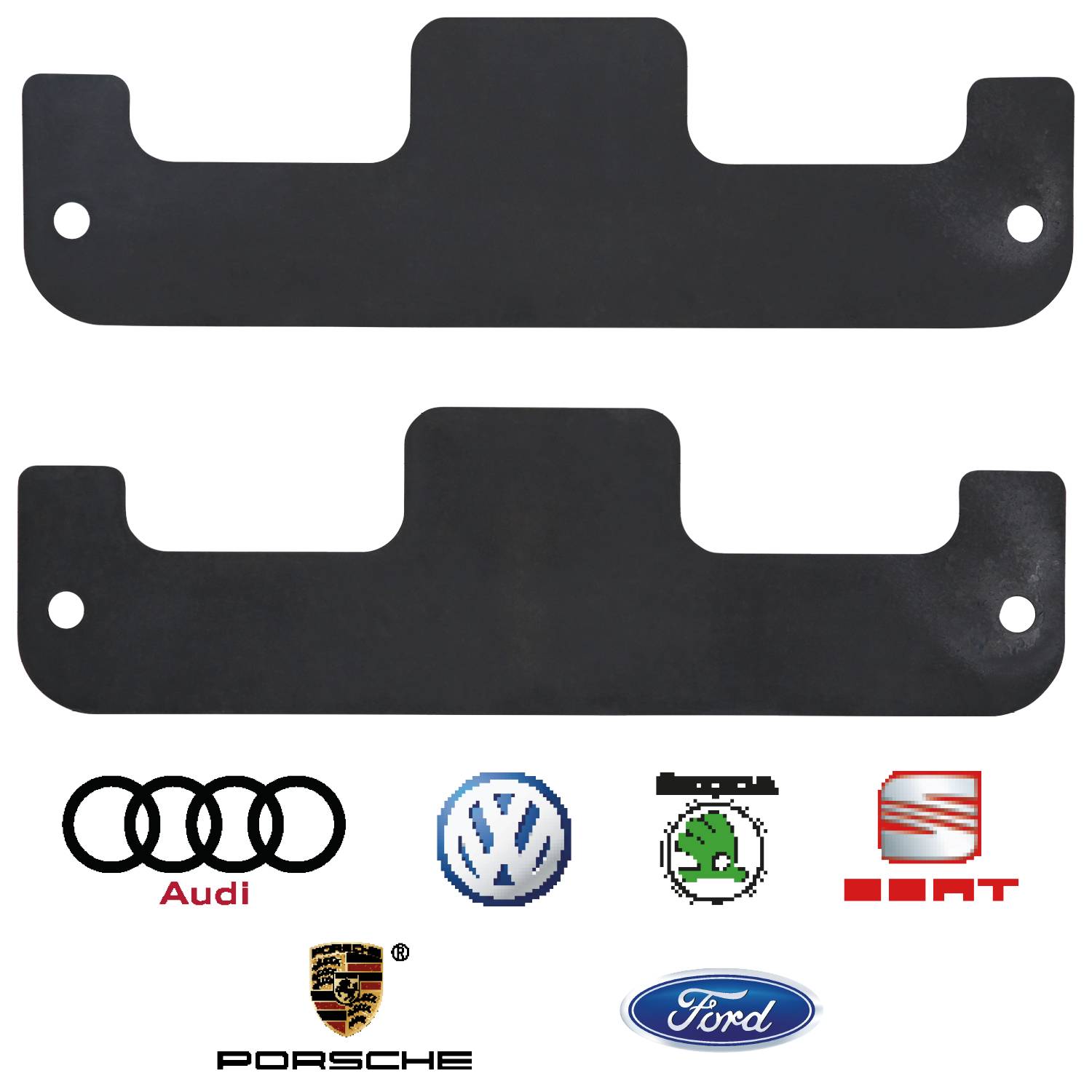 Dwie czarne metalowe mocowania samochodowe, pod którymi znajdują się logo marek samochodowych Audi, Volkswagen, SEAT, Porsche, Ford i Škoda.