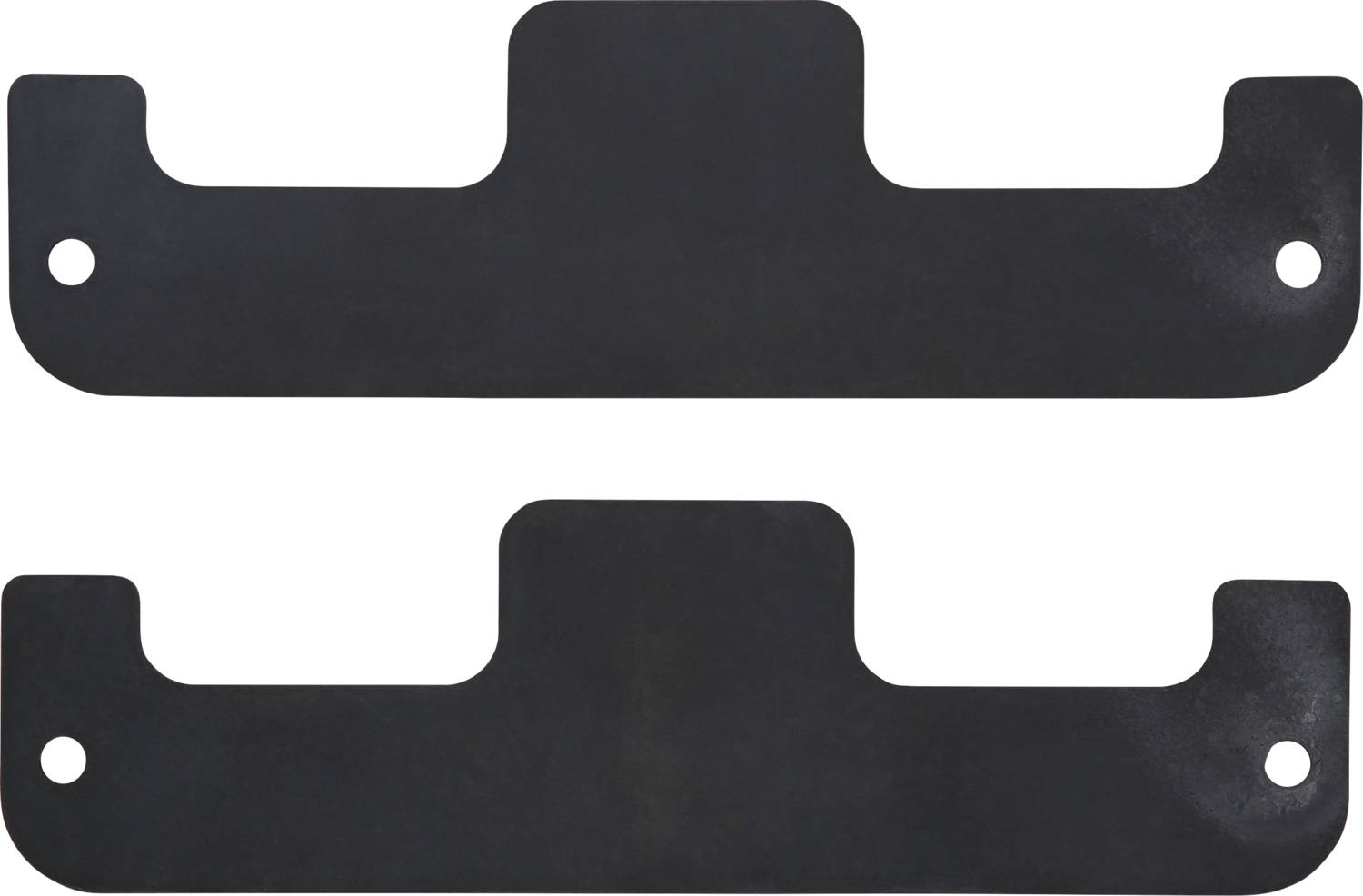 Dwie czarne, prostokątne płyty metalowe o zaokrąglonych krawędziach z otworami na końcach.