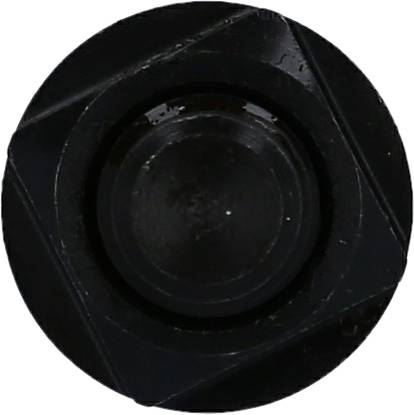 Czarna nakrętka sześciokątna z otworem centralnym, typowo stosowana w zastosowaniach mocujących w maszynach lub pojazdach.