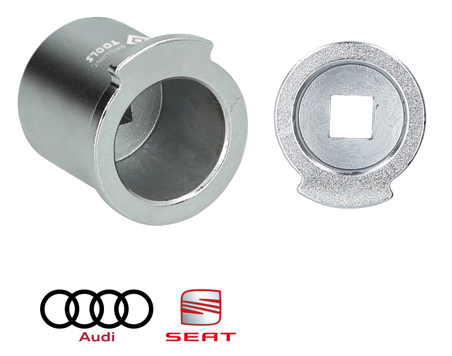 Dwa metalowe narzędzia warsztatowe do naprawy pojazdów, umieszczone przed logo Audi i Seat, prezentujące widok wewnętrzny i zewnętrzny do specjalistycznych zastosowań.