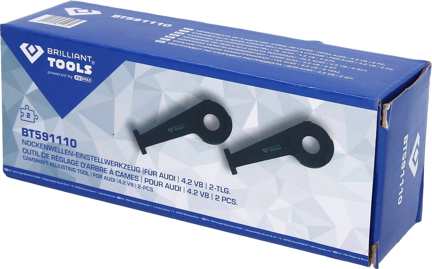 Opakowanie narzędzia do ustawiania wałka rozrządu do Audi, 4,2 V8, dwuczęściowe. Zawiera ilustracje narzędzi na przedniej stronie.
