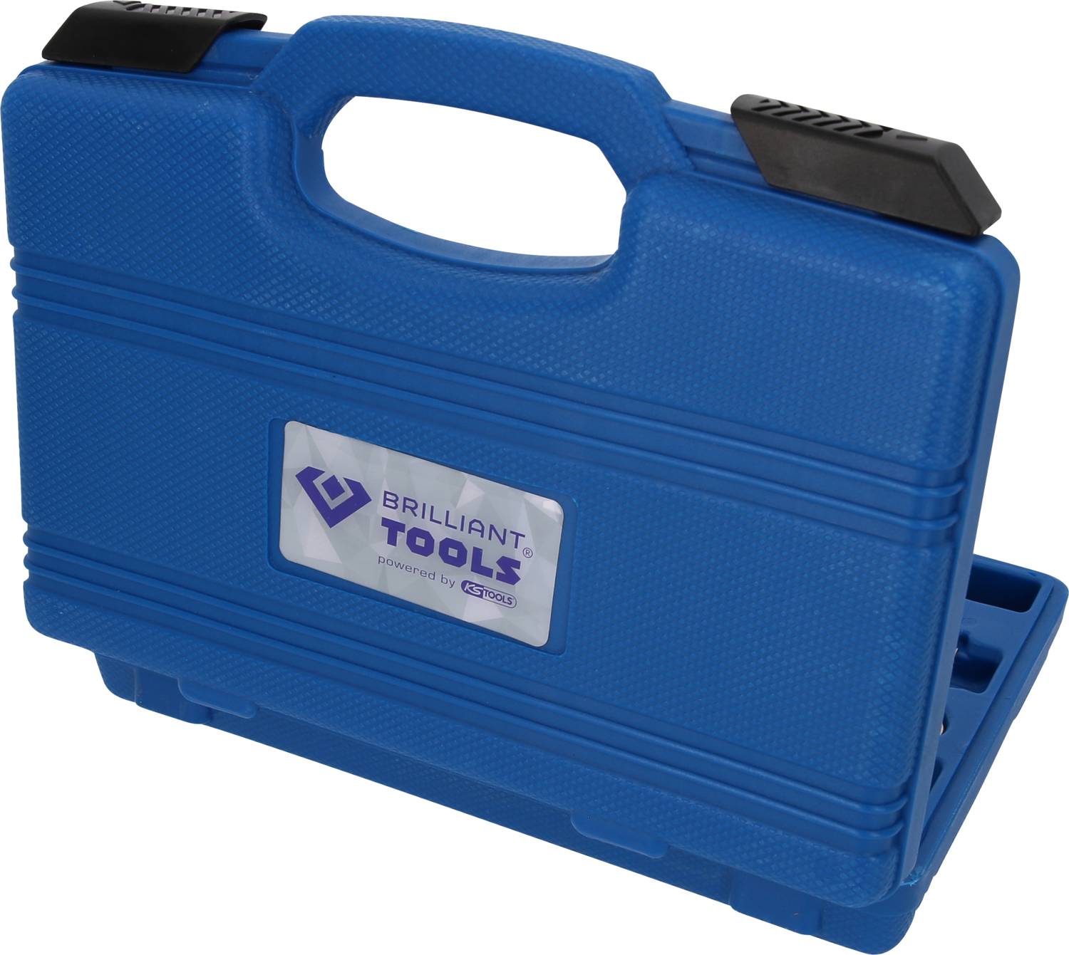 Niebieski kufer na narzędzia z uchwytem na górze. Na boku naklejka z napisem 'Brilliant Tools powered by KS Tools'.