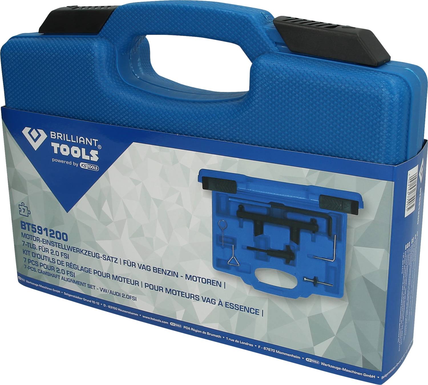 Zestaw narzędziowy do regulacji silnika, w kolorze niebieskim, z logo producenta i informacją o produkcie na przedniej stronie.