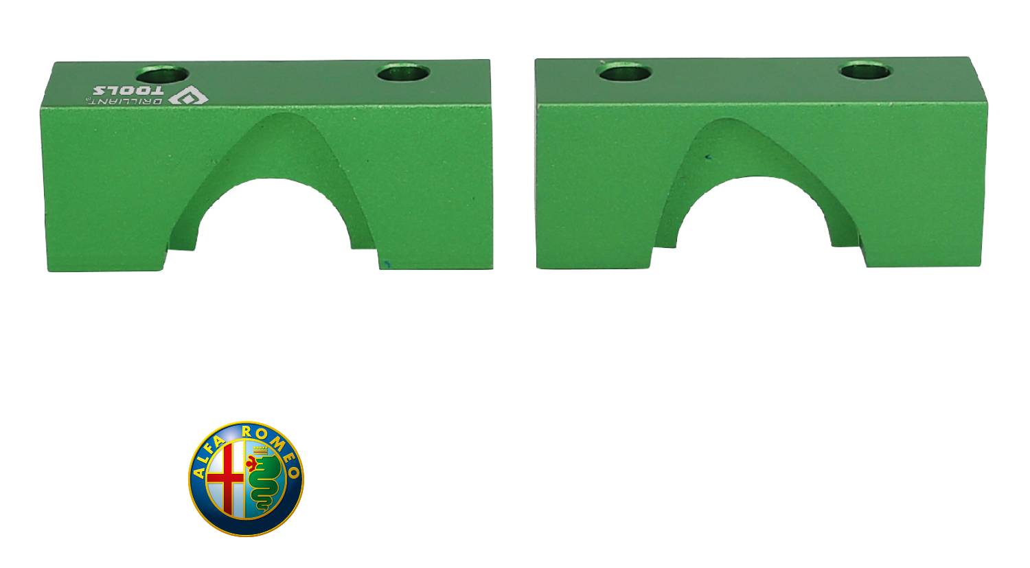 Zielone komponenty narzędziowe z łukami; poniżej logo Alfa Romeo.