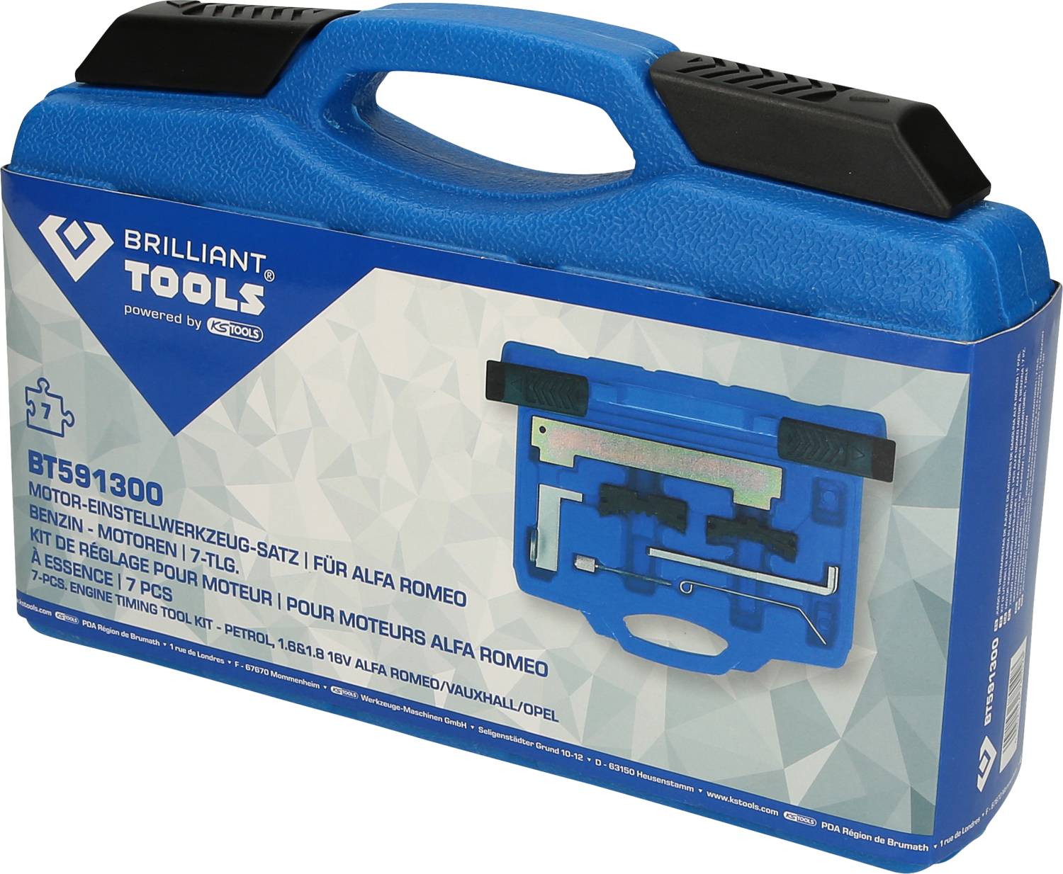 Niebieski zestaw narzędzi do regulacji silnika do Alfa Romeo, z obrazem zawartości na opakowaniu. Marka: Brilliant Tools.