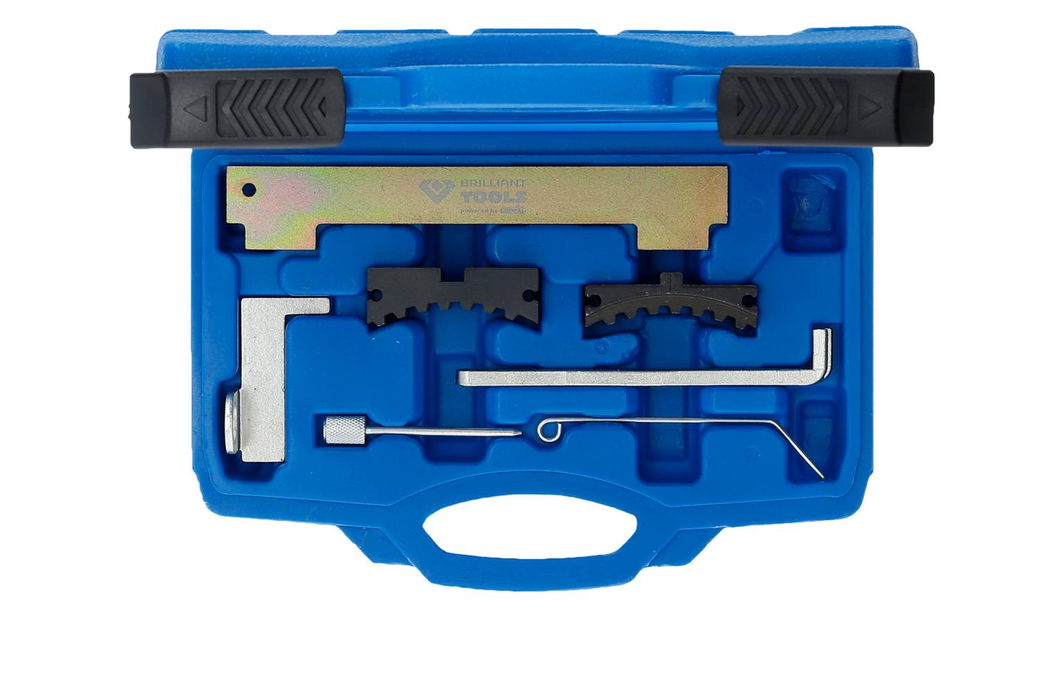 Niebieski skrzynka narzędziowa z różnymi narzędziami do naprawy samochodów, w tym hakami metalowymi i zaciskami, widziana z góry.