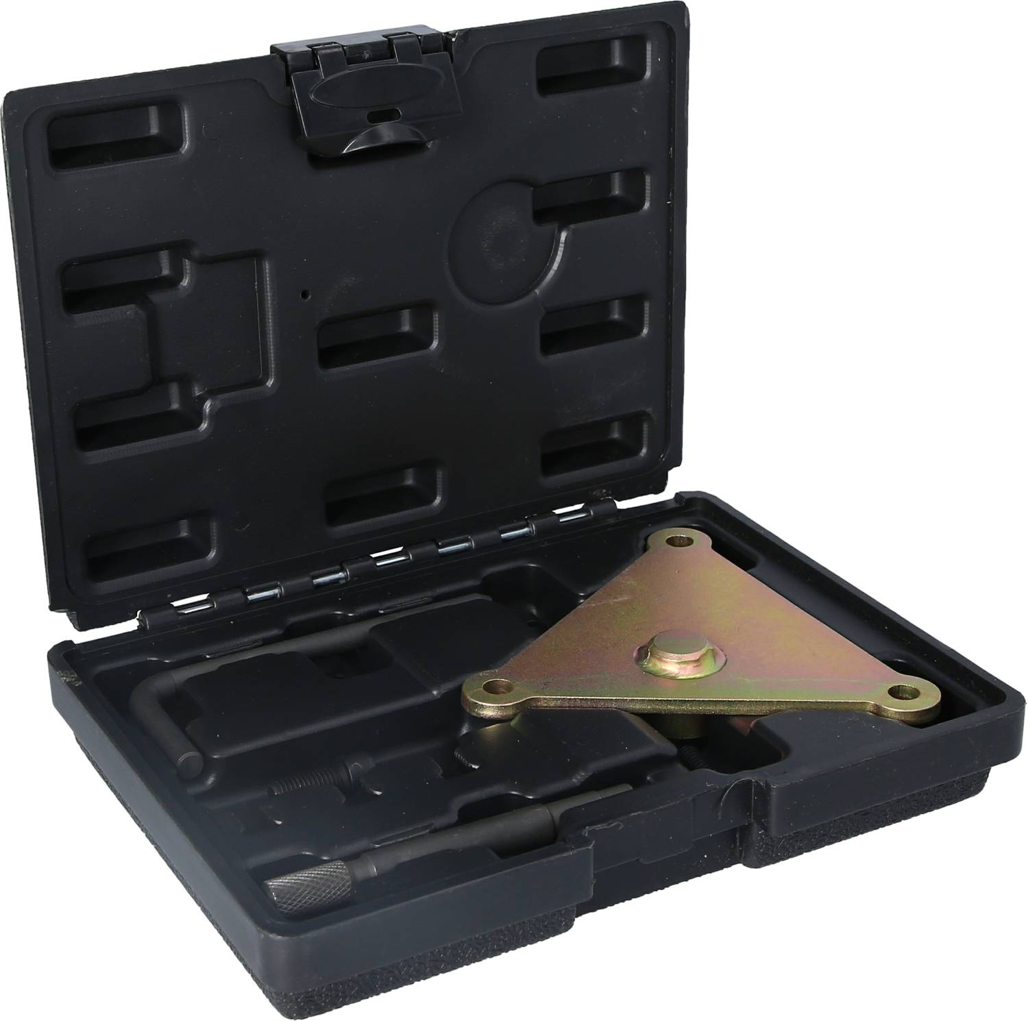 Czarny plastikowy kufer z otwartą pokrywą, prezentujący trójkątne narzędzie z trzema otworami mocującymi i centralną śrubą.
