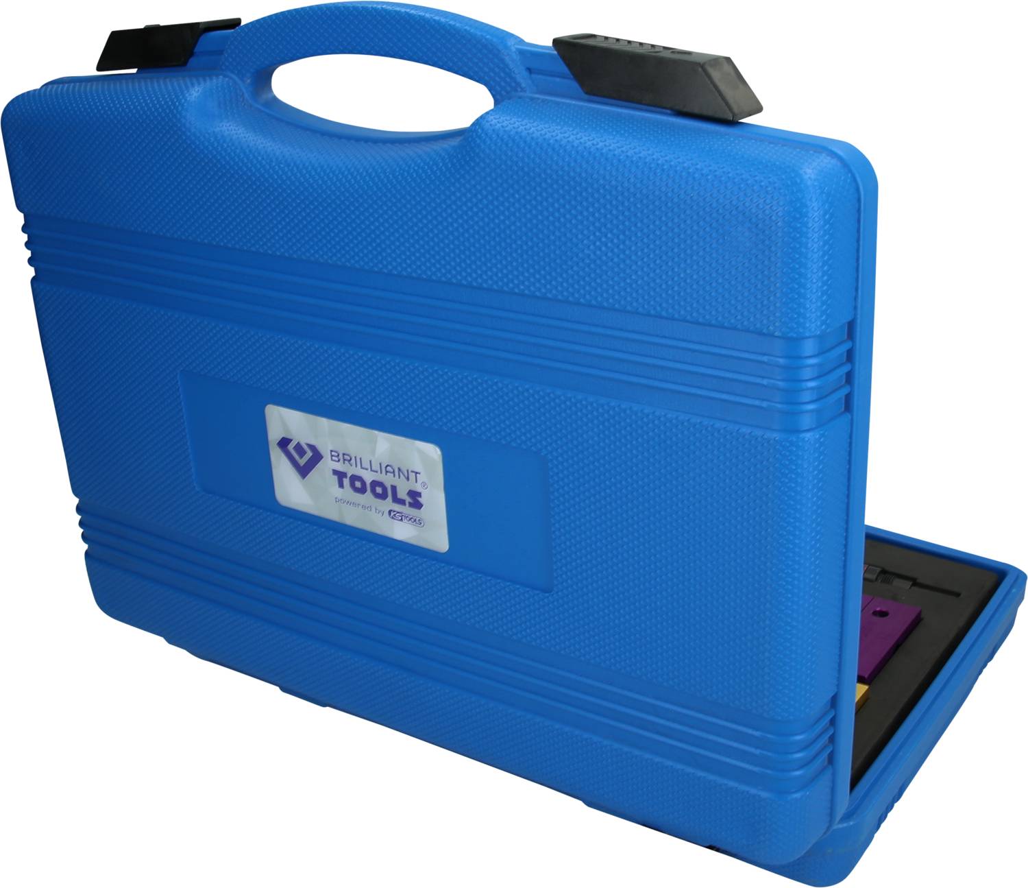Niebieski kufer na narzędzia z uchwytem, zamknięty. Zawiera narzędzia marki 'Brilliant Tools'.