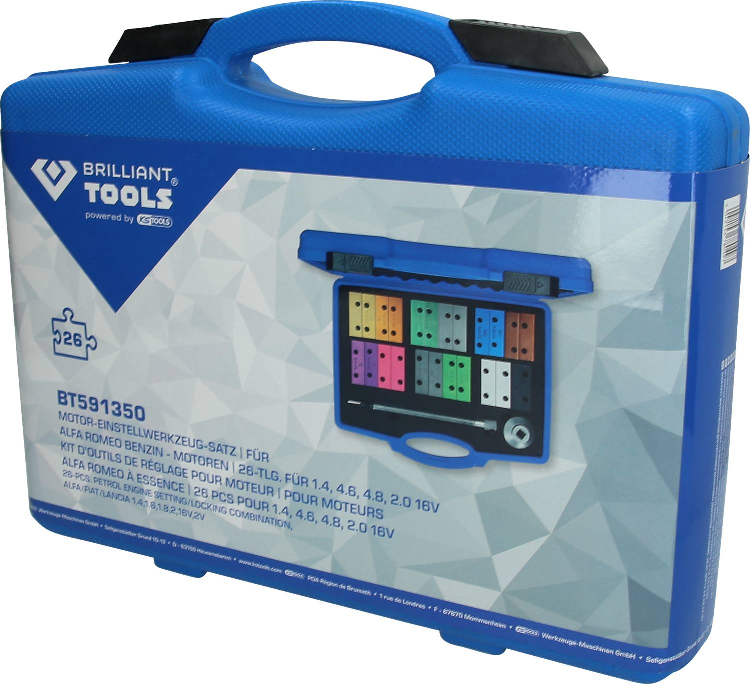 Niebieski walizka na narzędzia z wkładką piankową i kolorowymi gniazdami, oznaczona napisem 'Brilliant Tools - Zestaw narzędzi do regulacji silnika'.