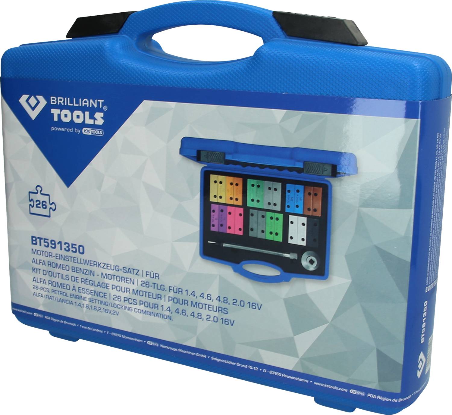 Niebieski kufer z zestawem narzędzi do regulacji silnika, odpowiedni dla silników benzynowych Alfa Romeo. Zawiera 26-elementowy zestaw narzędzi.