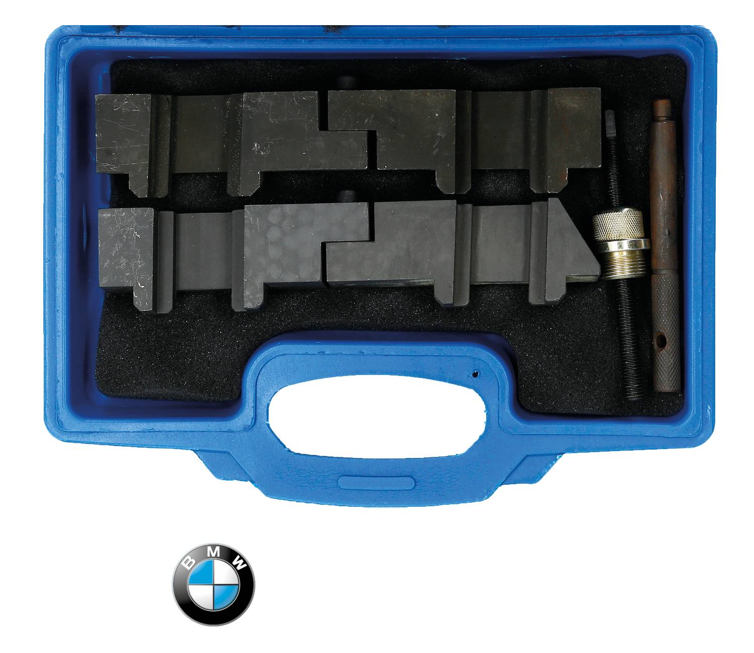 Niebieski kufer narzędziowy z wyspecjalizowanymi narzędziami i logo BMW poniżej. Zawiera czarno-metalowe narzędzia, niektóre z uchwytami.