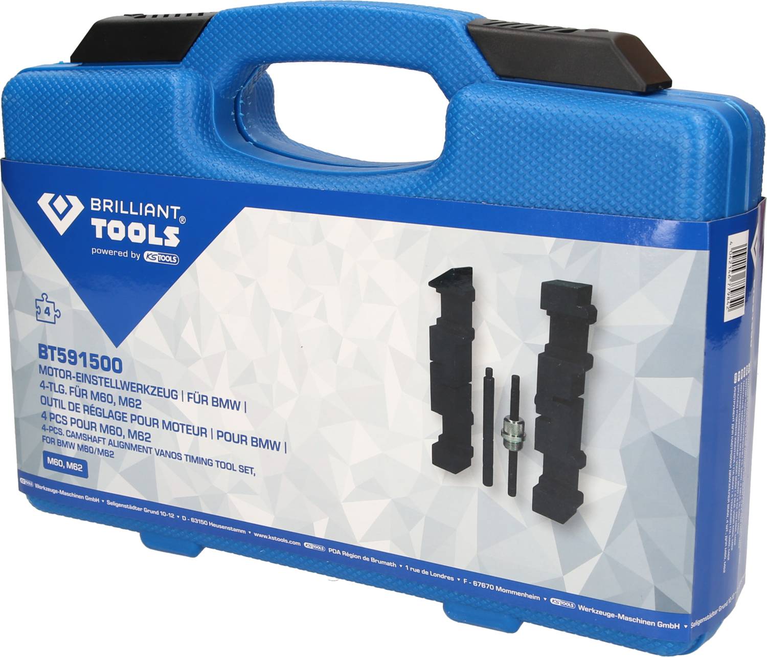 Niebieski zestaw narzędziowy firmy 'Brilliant Tools' z oznaczeniem 'BT591500', zawierający narzędzia do ustawiania silnika do samochodów BMW.