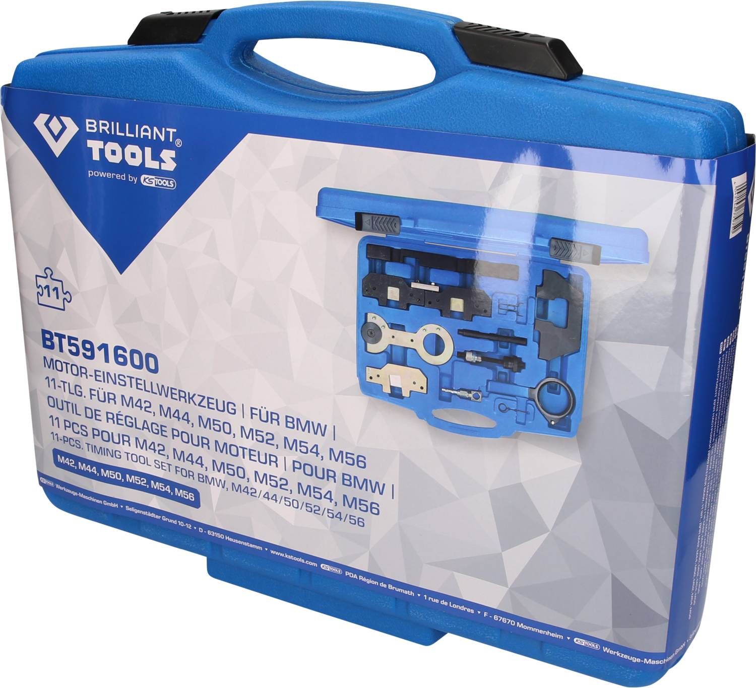 Niebieski kufer firmy 'Brilliant Tools' zawiera 11-częściowy zestaw narzędzi do ustawiania silnika BMW. Narzędzia są przeznaczone do silników M42, M44, M50, M52, M54 oraz M56.