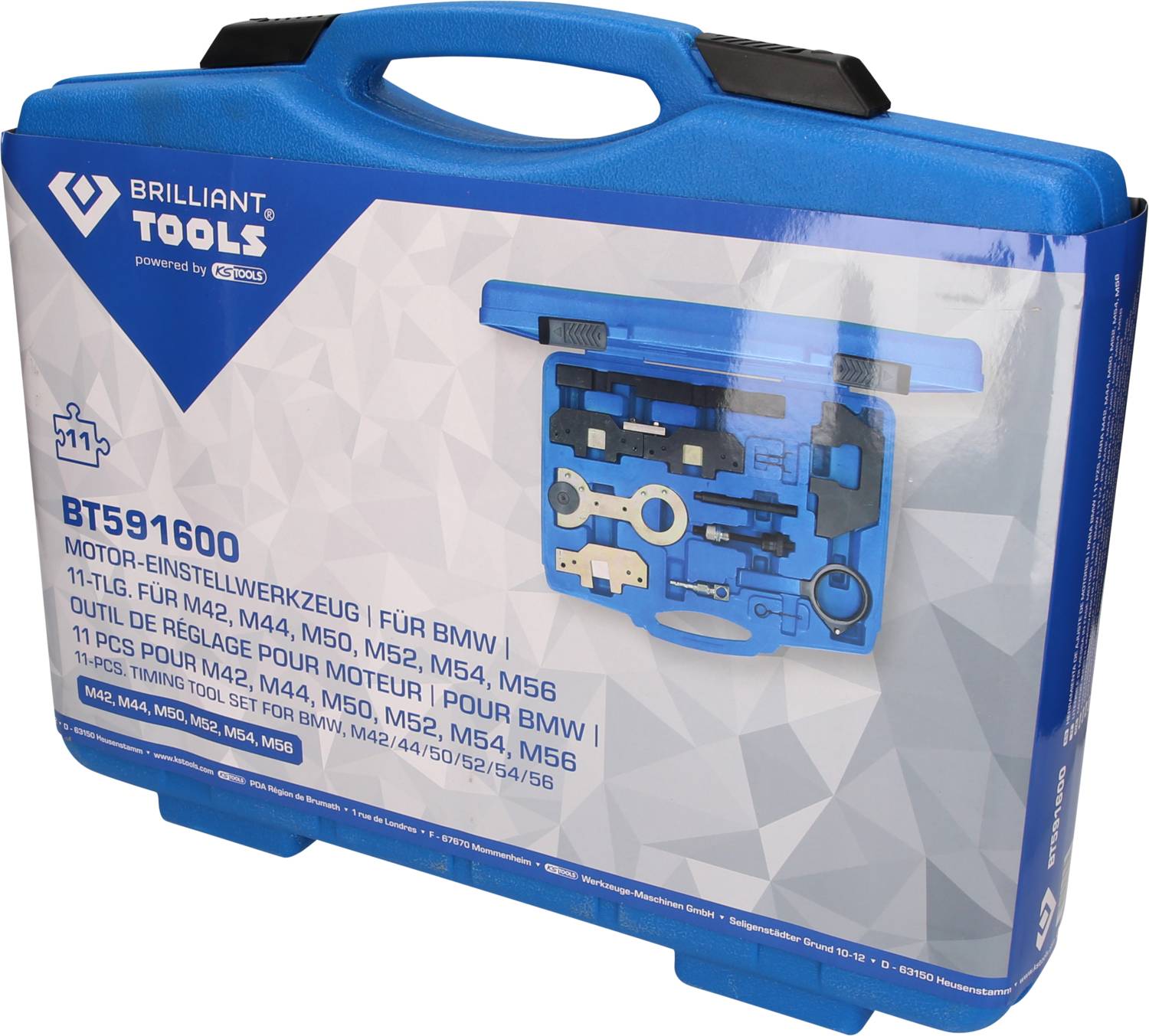 Niebieski walizka narzędziowa z napisem 'BT591600 Narzędzie do ustawiania silnika BMW'. Zawiera specjalistyczne narzędzia do silników.
