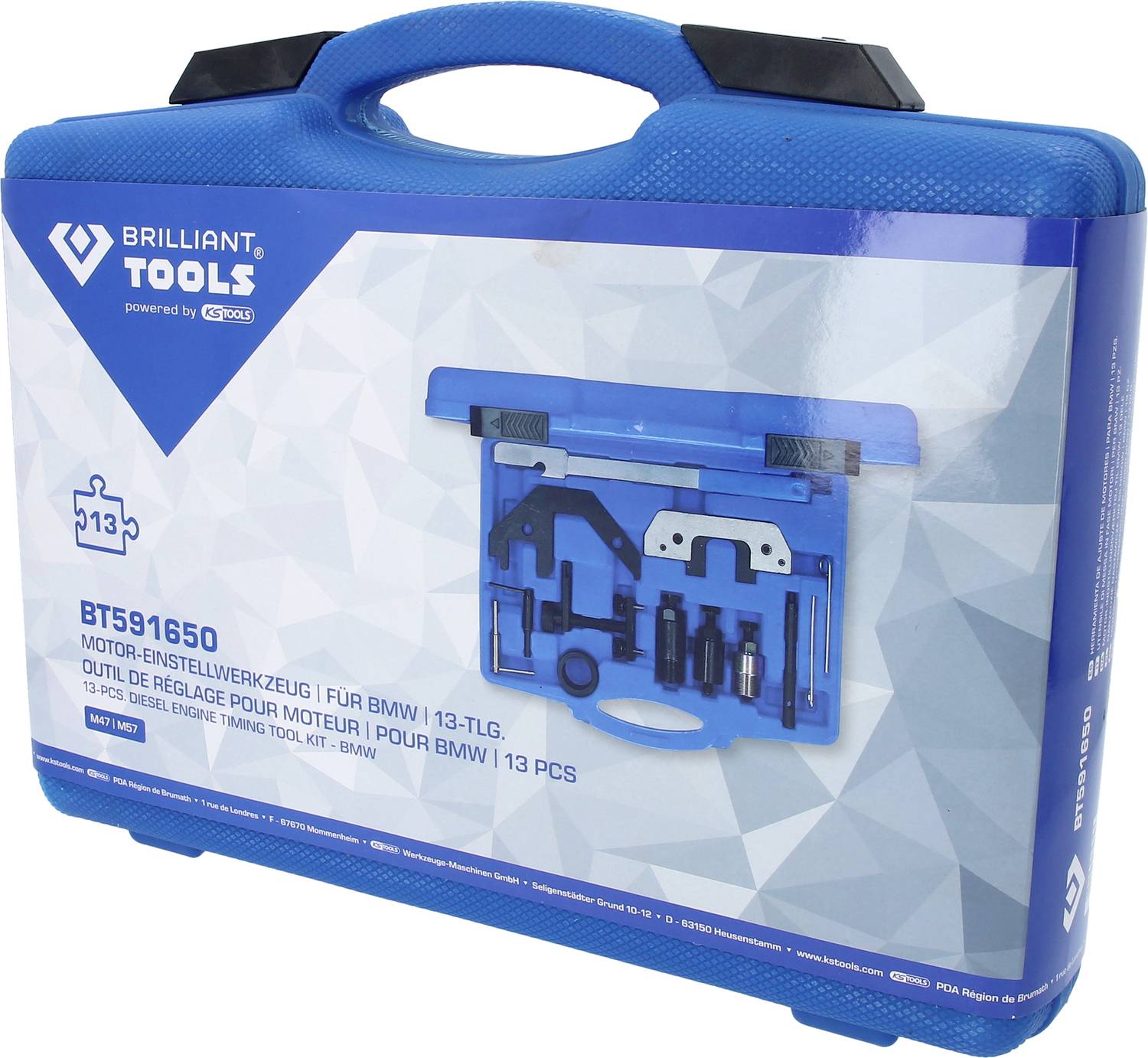 Niebieski plastikowy kufer z logo 'Brilliant Tools'. Zawiera 13-częściowy zestaw narzędzi do ustawiania silnika do samochodów BMW, model BTS91650.