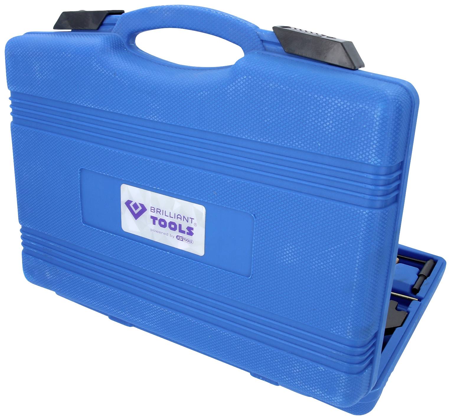 Niebieski plastikowy kufer na narzędzia z uchwytem, zamknięty. Etykieta z napisem 'Brilliant Tools' na przedniej stronie.