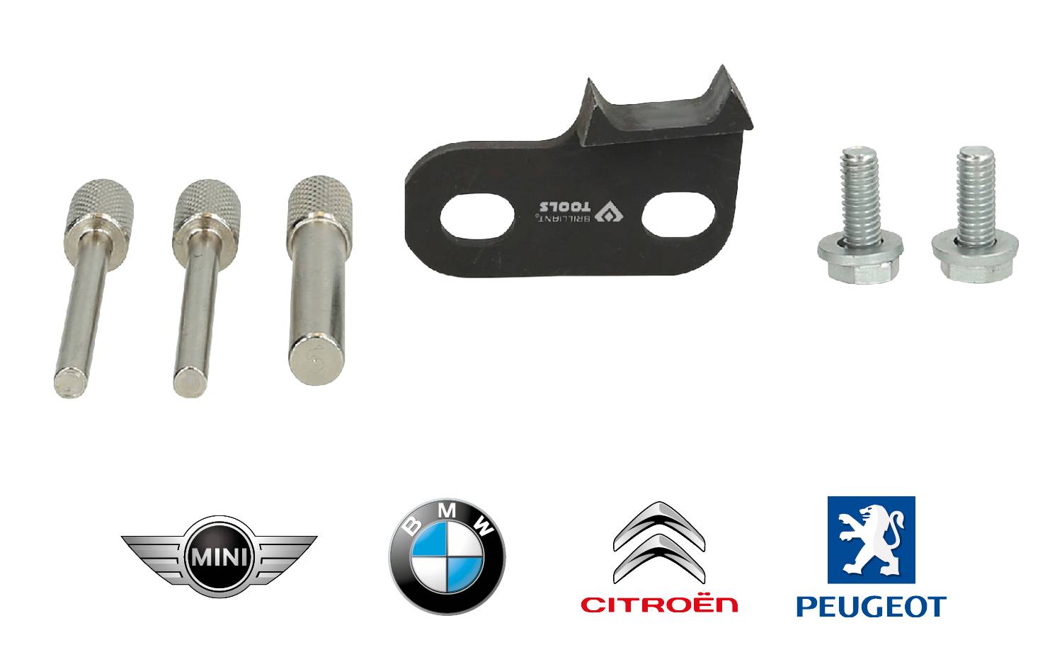 Zestaw narzędzi ze śrubami i uchwytem, kompatybilny z Mini, BMW, Citroën i Peugeot. Poniżej przedstawiono logo marek.