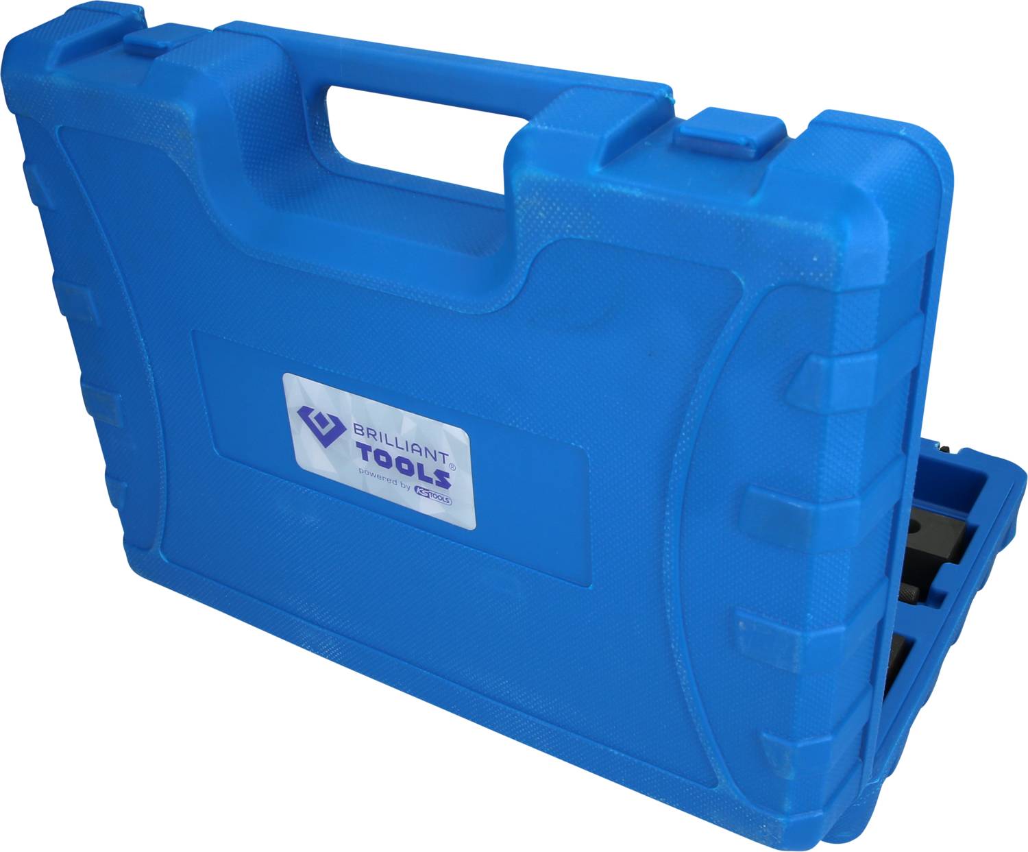 Niebieski kufer na narzędzia z jednym uchwytem, z widoczną etykietą 'Brilliant Tools'. Kufer zamknięty i solidnie wykonany.