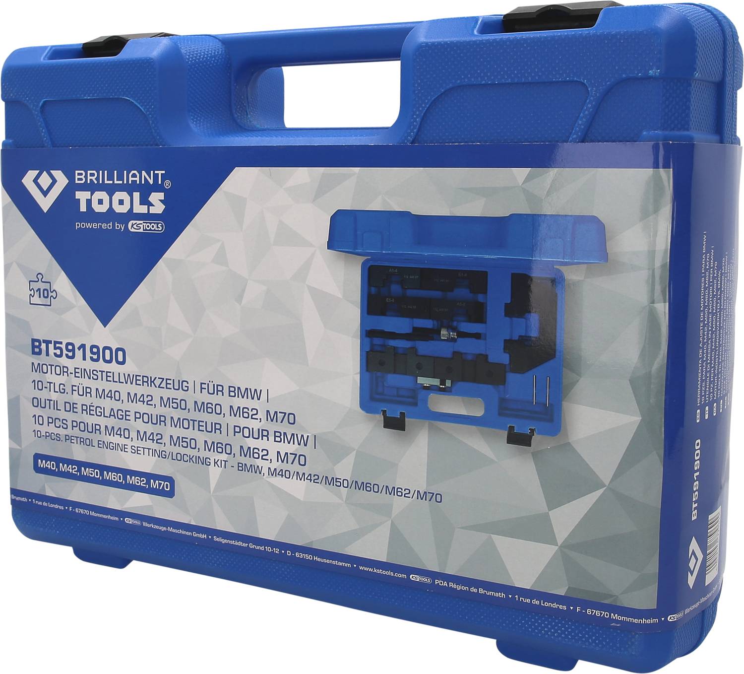Niebieski plastikowy kufer z narzędziami do ustawiania silnika dla modeli BMW M40, M42, M50, M60, M62, M70. Marka: Brilliant Tools.