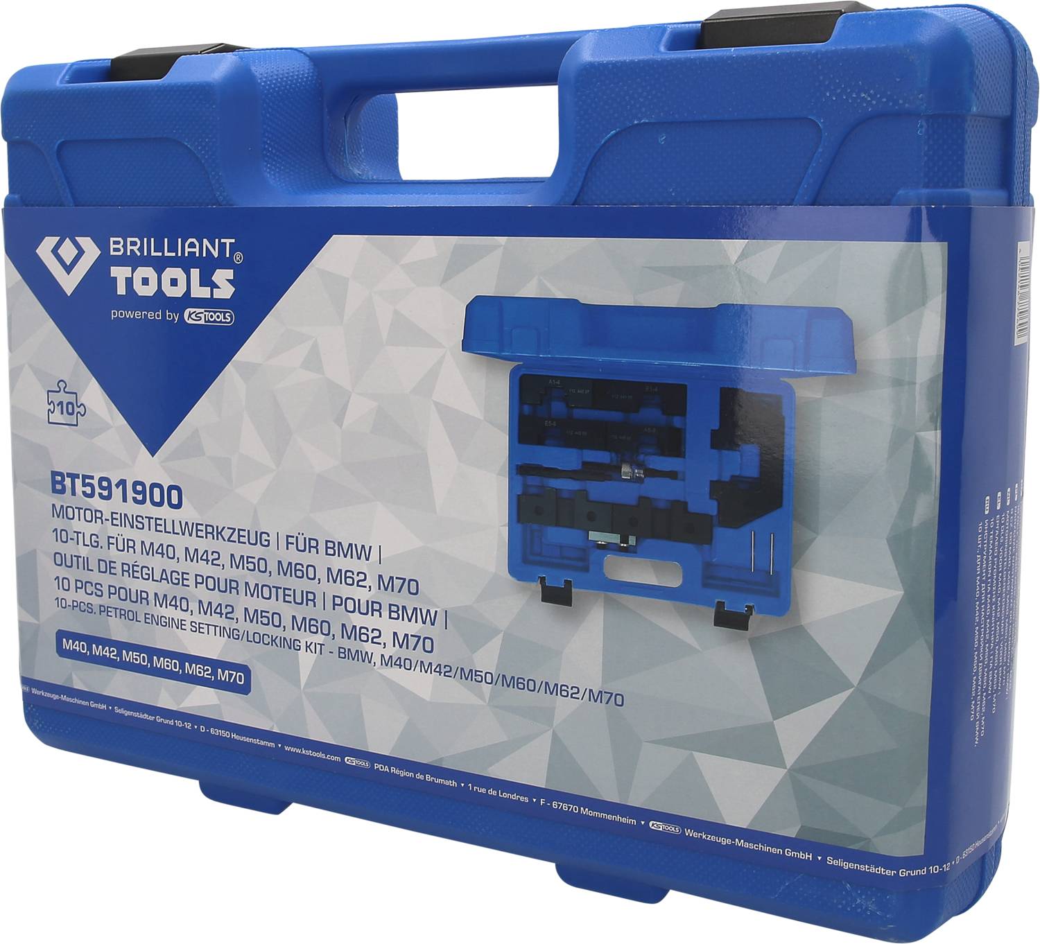 Niebieski kufer narzędziowy z napisem 'Brilliant Tools' przeznaczony do silników BMW, zawierający 10-częściowy zestaw narzędzi do modeli M40, M42, M50, M60, M62, M70.