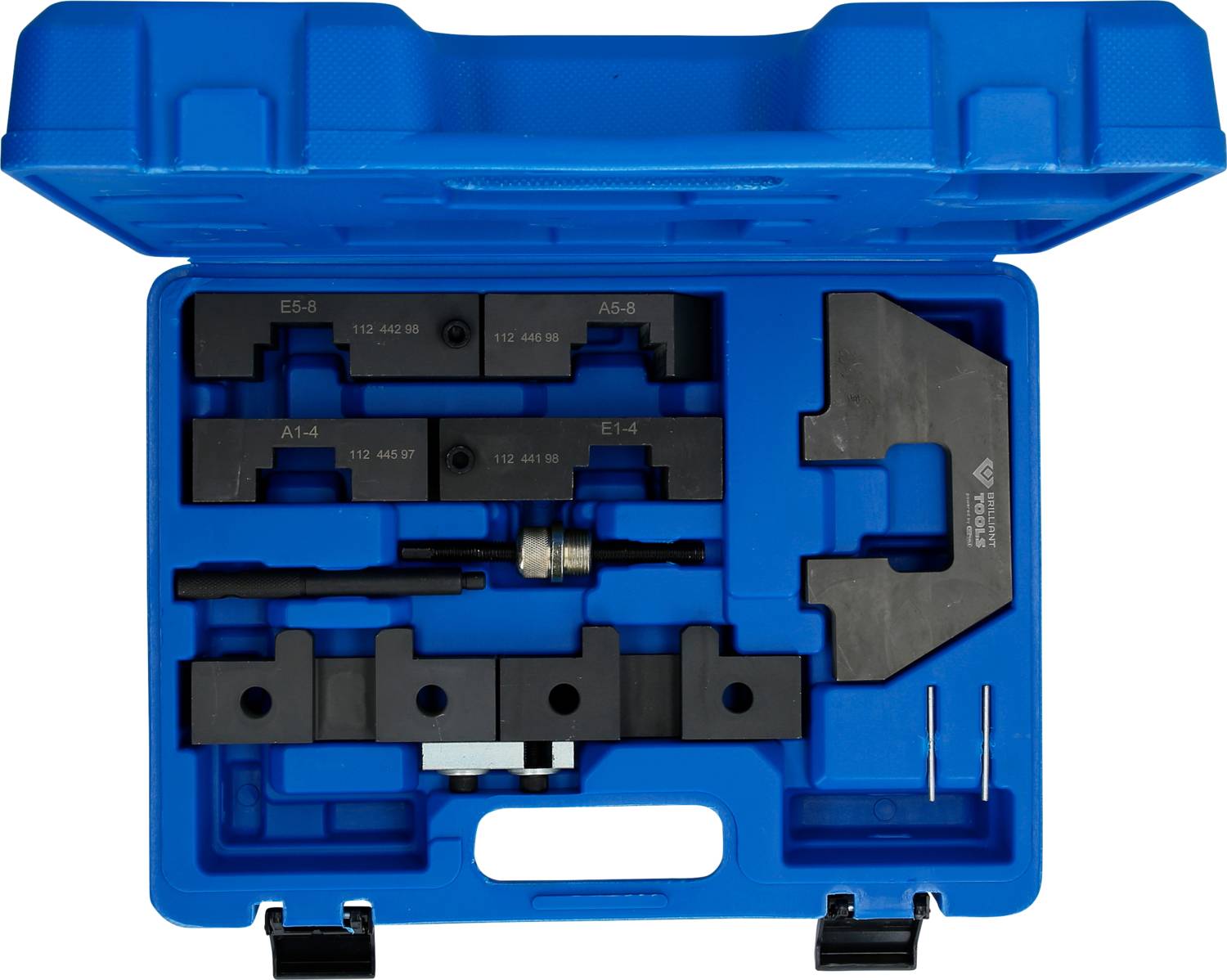 Niebieski walizka na narzędzia z różnymi narzędziami metalowymi i akcesoriami, przechowywanymi w indywidualnie dopasowanych przegródkach dla zapewnienia bezpiecznego przechowywania.