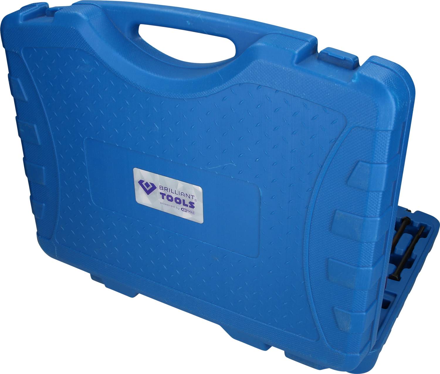 Zamknięta, niebieska plastikowa walizka z jednym uchwytem. Etykieta z napisem 'Brilliant Tools GmbH'.