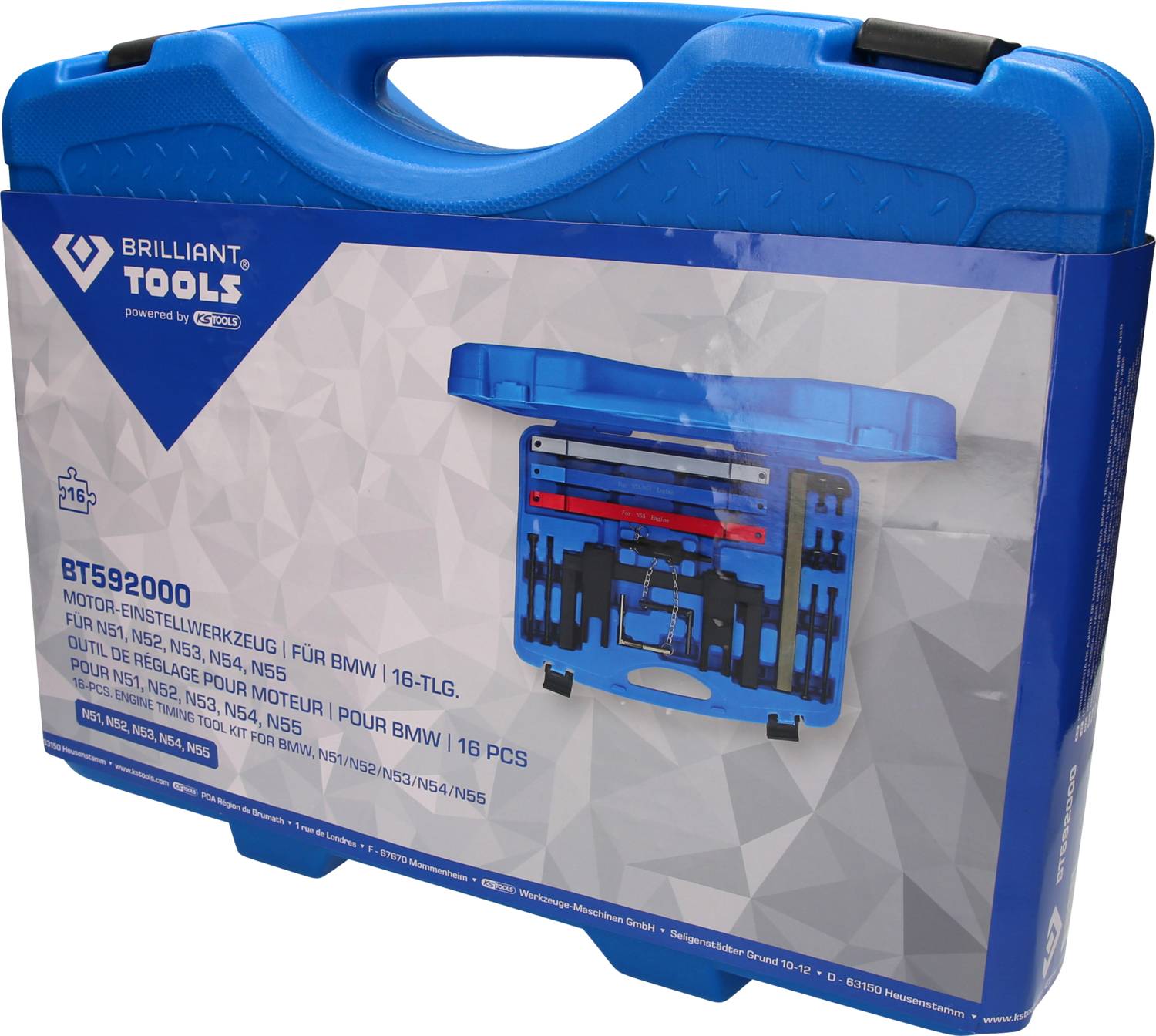 Niebieski plastikowy kufer z napisem 'Brilliant Tools'. Zawiera 16-częściowy zestaw narzędzi do regulacji silnika BMW, nr katalogowy BT592000.
