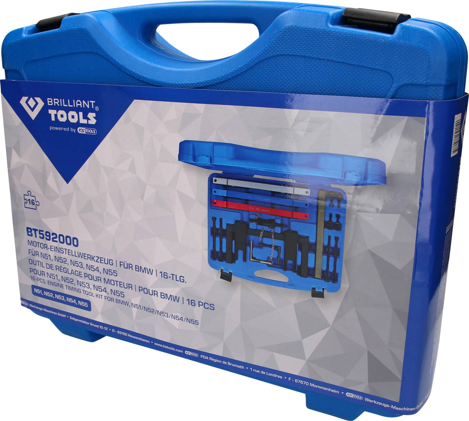 Niebieski kufer narzędziowy z przezroczystą pokrywą, zawierający narzędzia do regulacji silnika BMW, z nadrukiem informacji o produkcie.