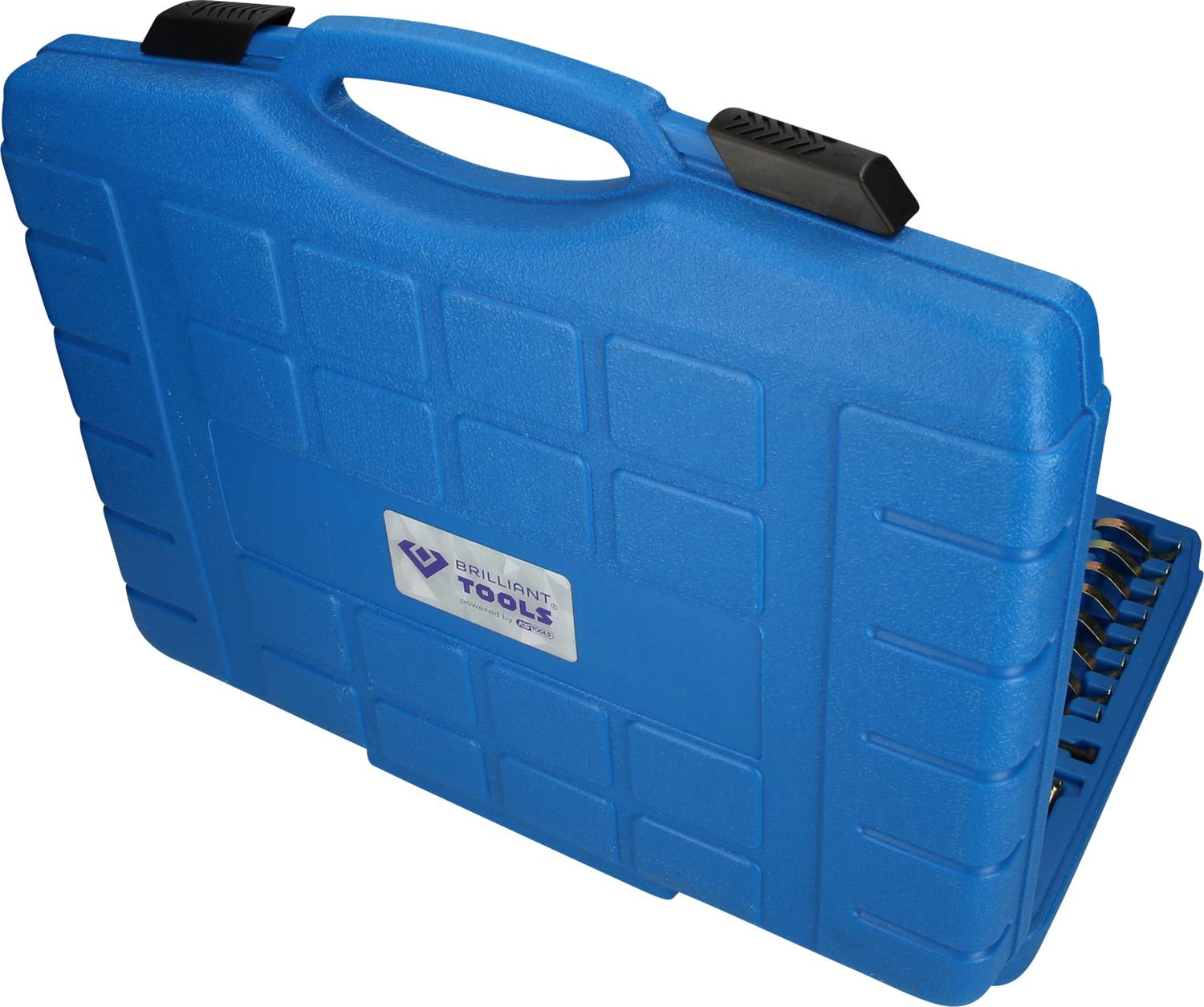 Niebieski kufer na narzędzia z uchwytem, zamknięty.