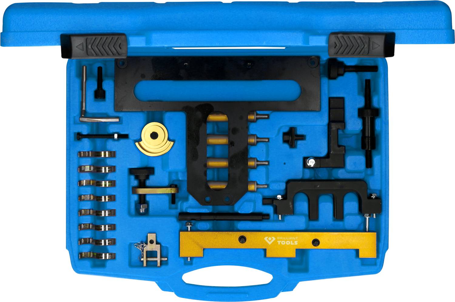 Zestaw narzędziowy z różnymi precyzyjnymi narzędziami metalowymi, idealny do napraw silników. Zawiera koła pasowe, uchwyty napinające oraz trzpienie prowadzące.