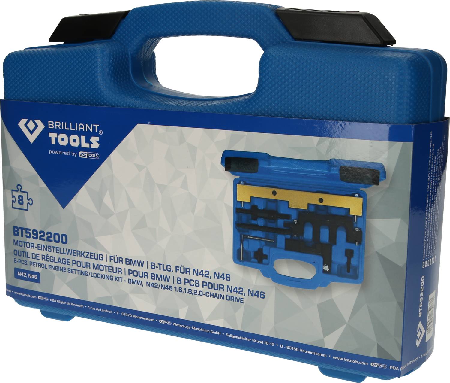 Niebieski kufer z napisem: Narzędzie do ustawiania silnika BMW, 18-częściowe, odpowiednie dla N42, N46. Zawiera zdjęcie narzędzi w walizce.