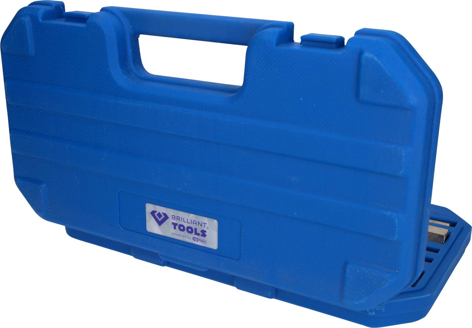 Niebieski plastikowy kufer z uchwytem, oznaczony napisem 'Brilliant Tools'.