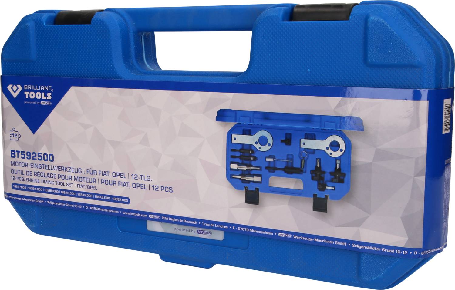 Niebieski kufer narzędziowy z nadrukiem 'BRILLIANT TOOLS BTS92500 Zestaw narzędzi do ustawiania silnika Fiat, Opel 12-częściowy' oraz ilustracją zawartości.