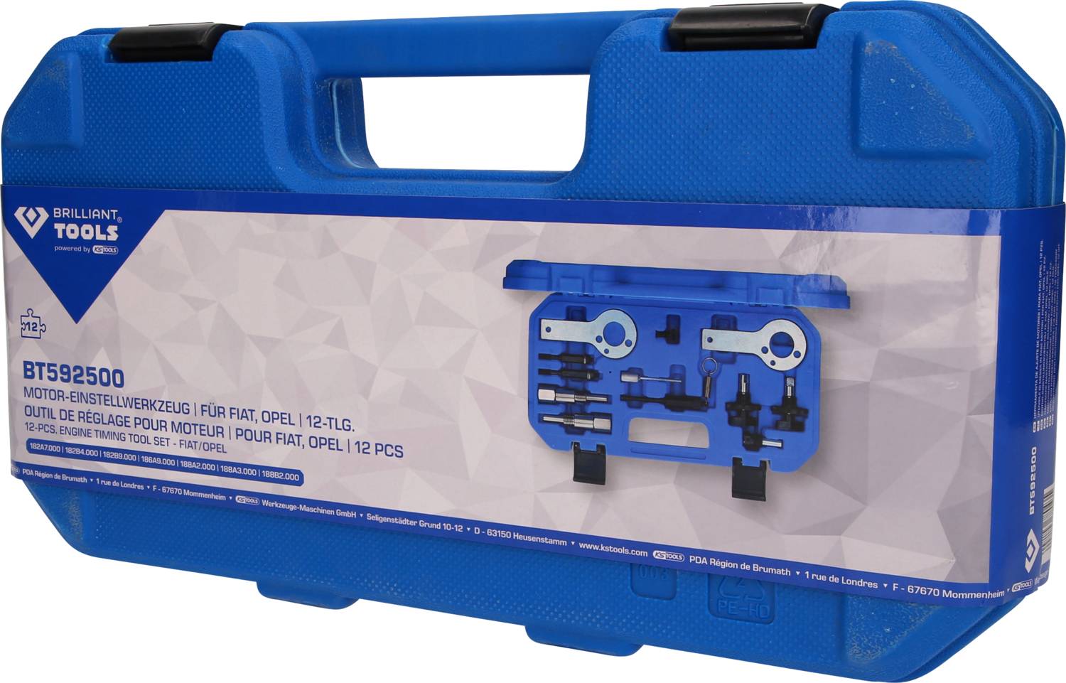 Niebieski plastikowy walizka z zestawem narzędzi do regulacji silnika do samochodów Fiat i Opel. Zawiera 12 elementów i jest sygnowany marką Brilliant Tools.